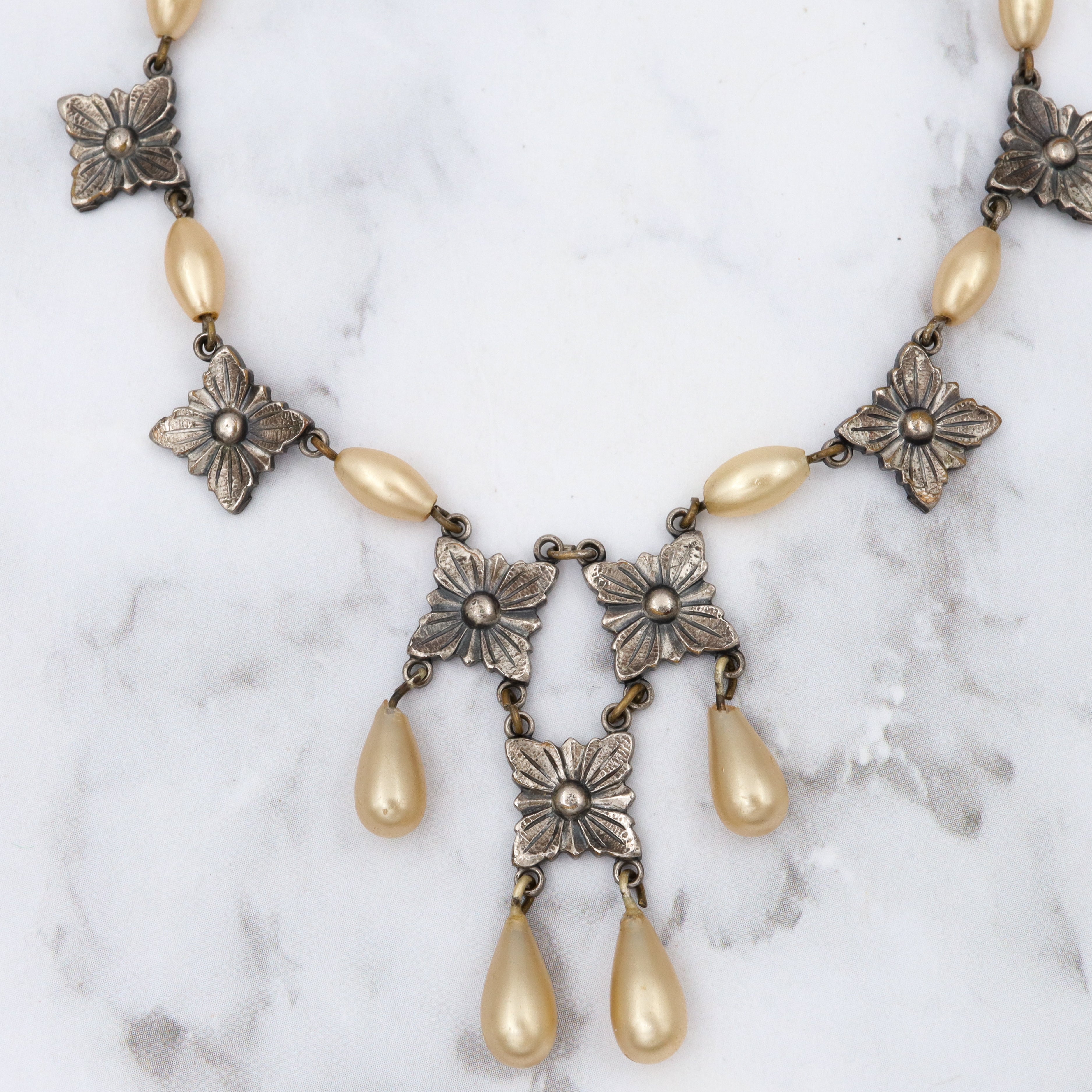 Antique Victorian silver plated brass geometric flower link & faux pearl drop necklace, 15"